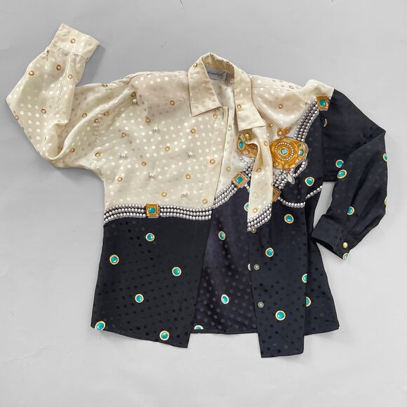Trompe L'Oeil 80s Status Print Jewel Silk Jacquard Button Front Vintage Blouse - Picture 2 of 9